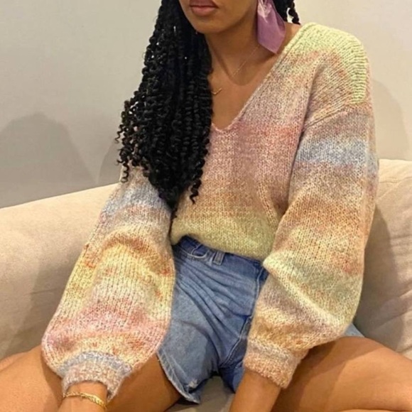 Urban Outfitters Sweaters - Urban Outfitters Large Rainbow Knit Pullover Boxy Sweater V Neck Balloon Sleeve